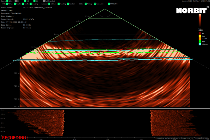 Real-time display showing detections of the water-fluid mud interface, while low-frequency band detections identify the deeper bottom return, showing both detection layers simultaneously.