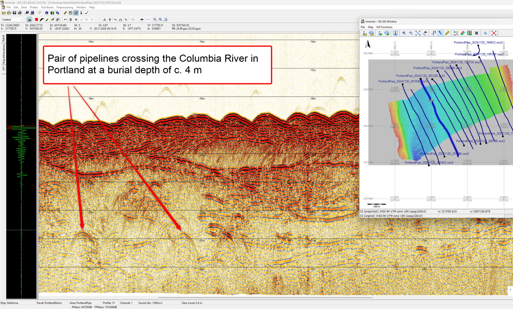 Seismic section with hyperbolic reflections from the pair of pipelines buried at about 4m below the riverbed