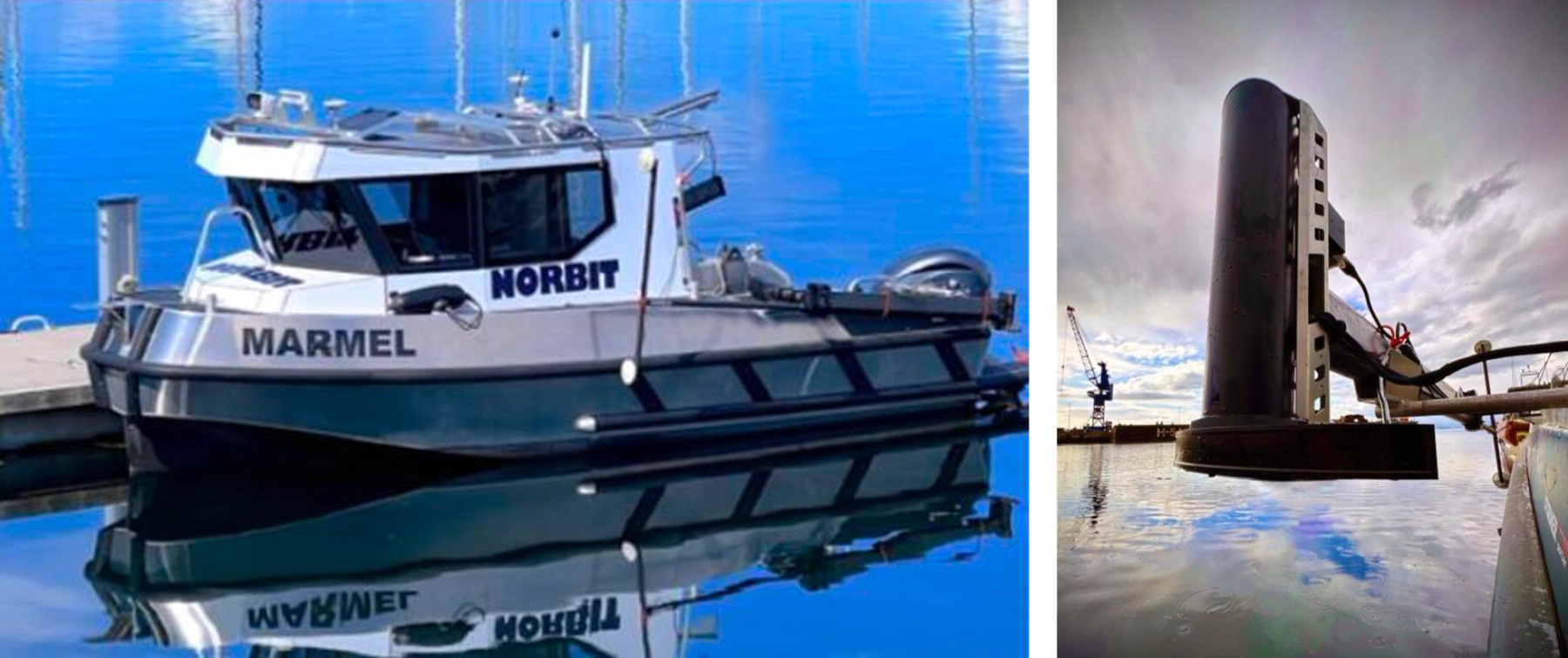 NORBIT WINGHEAD B57S sonar mounted on the Portus Pole and the survey vessel Marmel used for installation and testing.