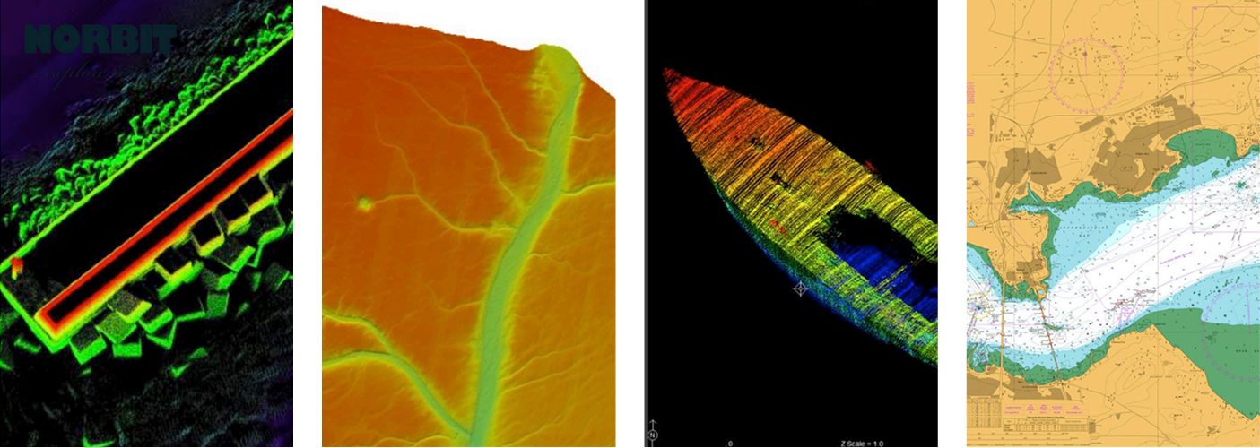 Four images showing different results from surveys. Bathymetric images and map of river.