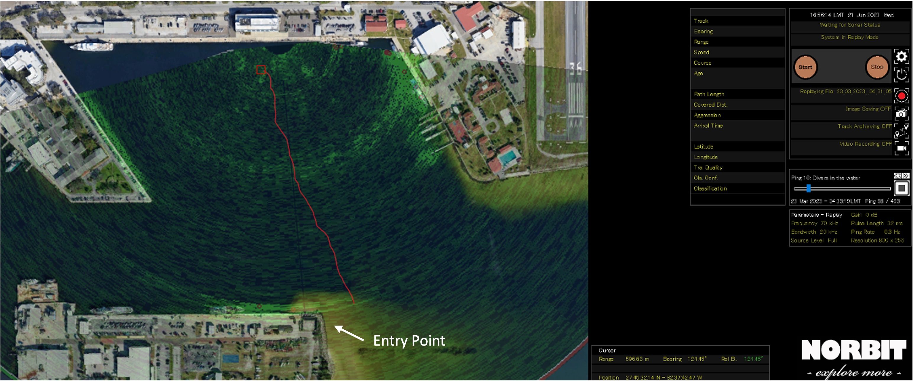 Screen shot from Tracking Software with sonar tracking image overlayed on Google maps