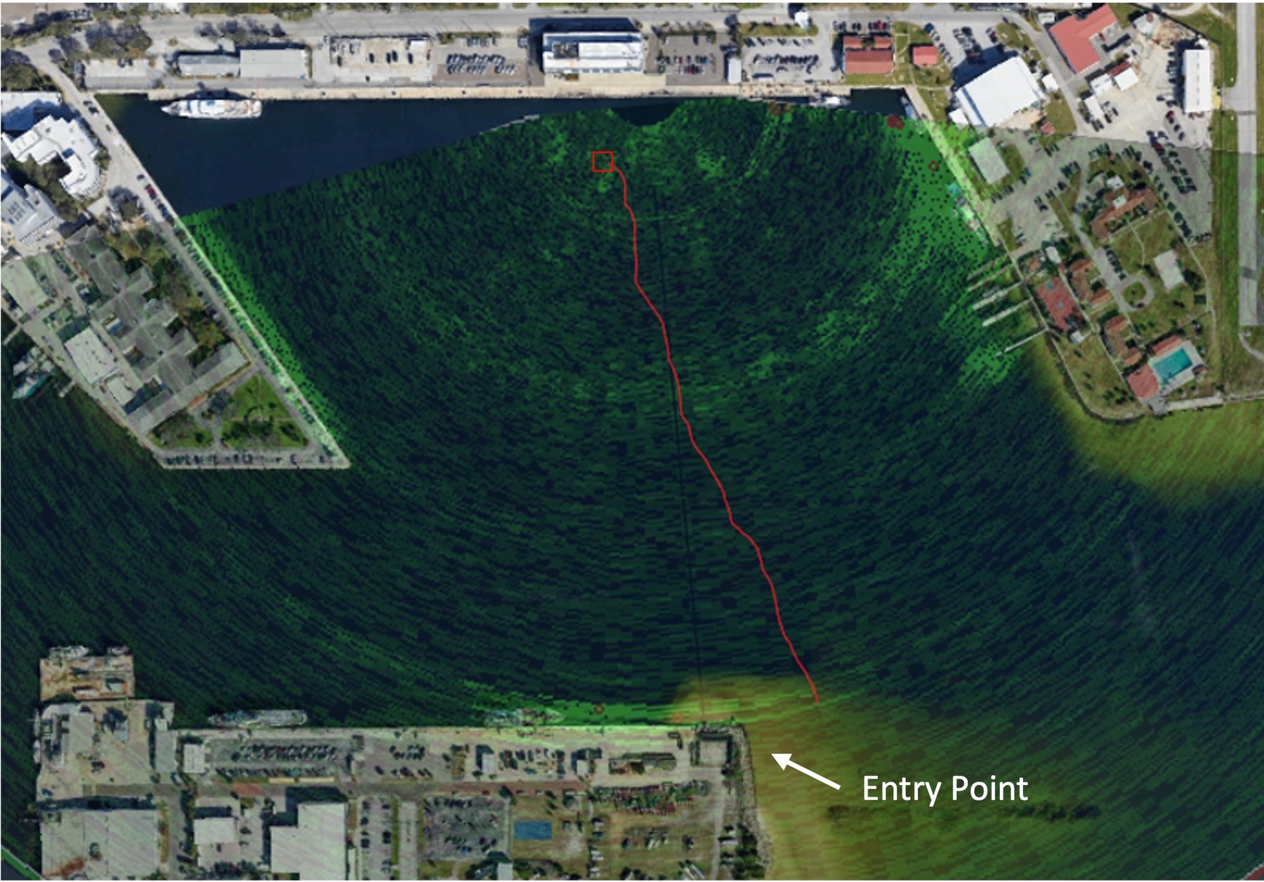 Screen shot from Tracking Software with sonar tracking image overlayed on Google maps
