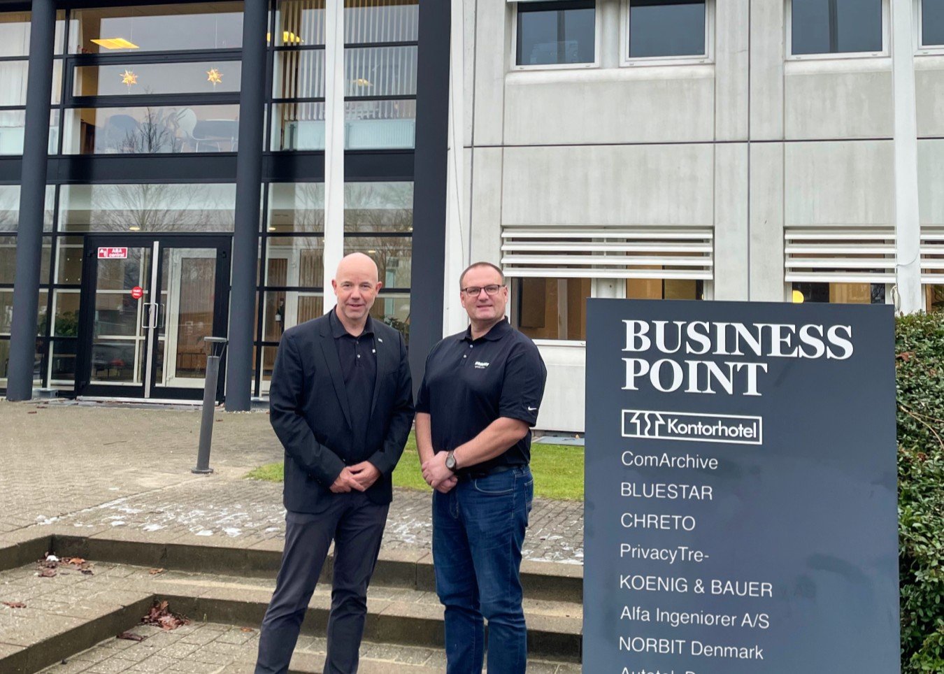 Peter Eriksen, CEO, NORBIT Oceans, visits the new office, here seen outside with Uni Bull.