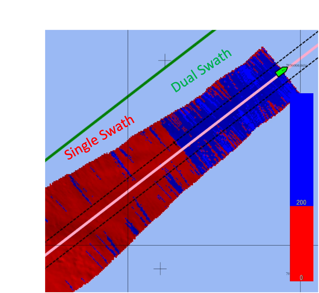 DTM coloured by sounding density, showing higher density with Dual Swath activated