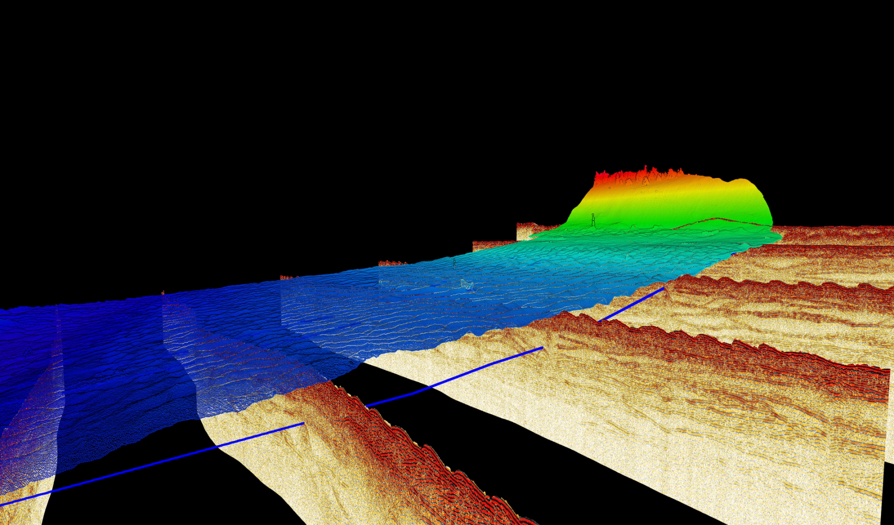3D data representation of MBES acquired bathymetry, seismic sections and the picked and connected pipeline locations