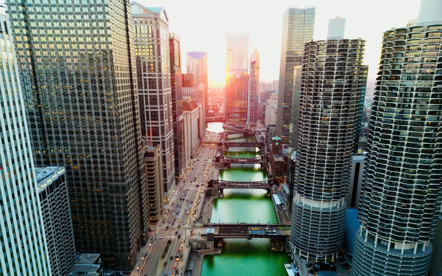 Chicago river with sunset in the background