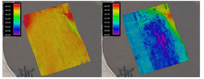 Savannah, GA validation example: the high-frequency band surface on the left and low-frequency band surface on the right use the same depth scale [ft], illustrating the difference between the upper layer and lower bottom.