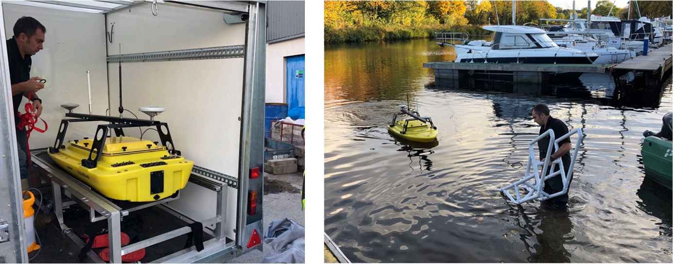Small EchoBoat USV from SeaFloor Systems Inc., Caintech in water.