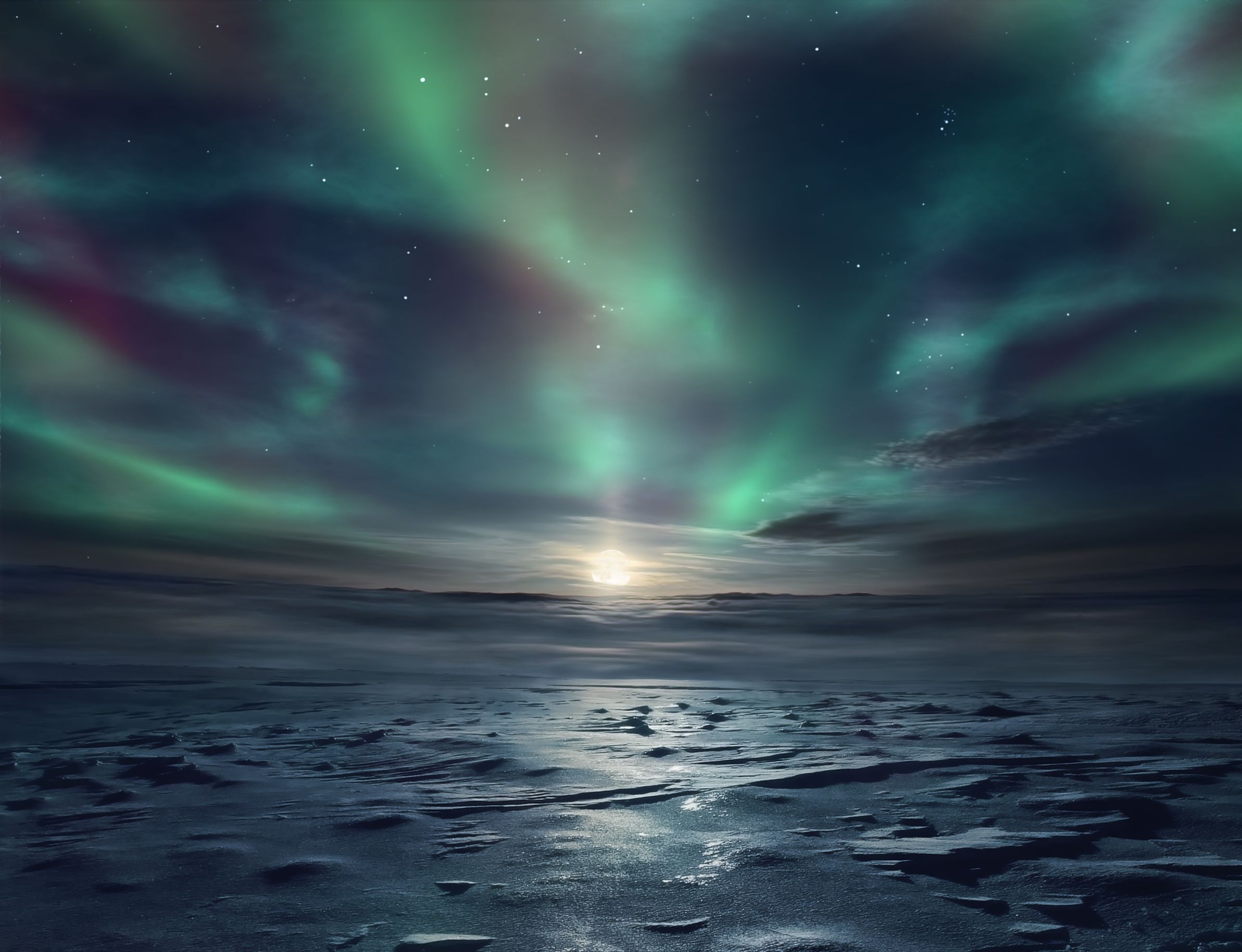 Northern lights dancing over a frozen landscape