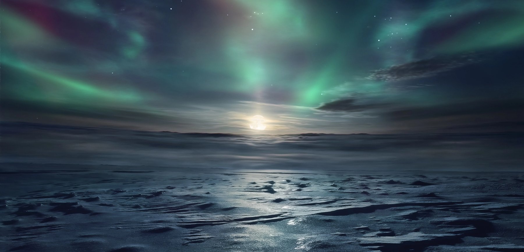 Northern lights dancing over a frozen landscape