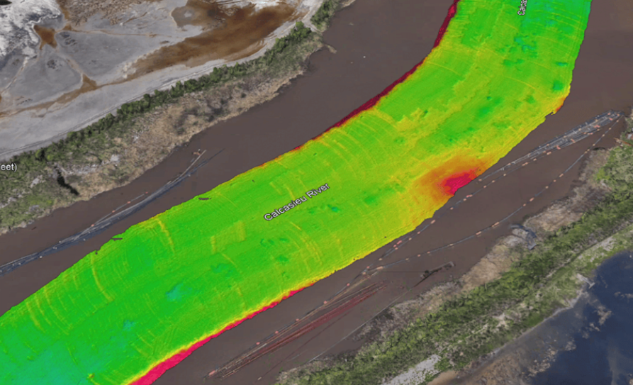 High-frequency band LMD surface over Clooney Island reach. This layer represents the upper mud or soft-sediment interface detected by the higher-frequency content.