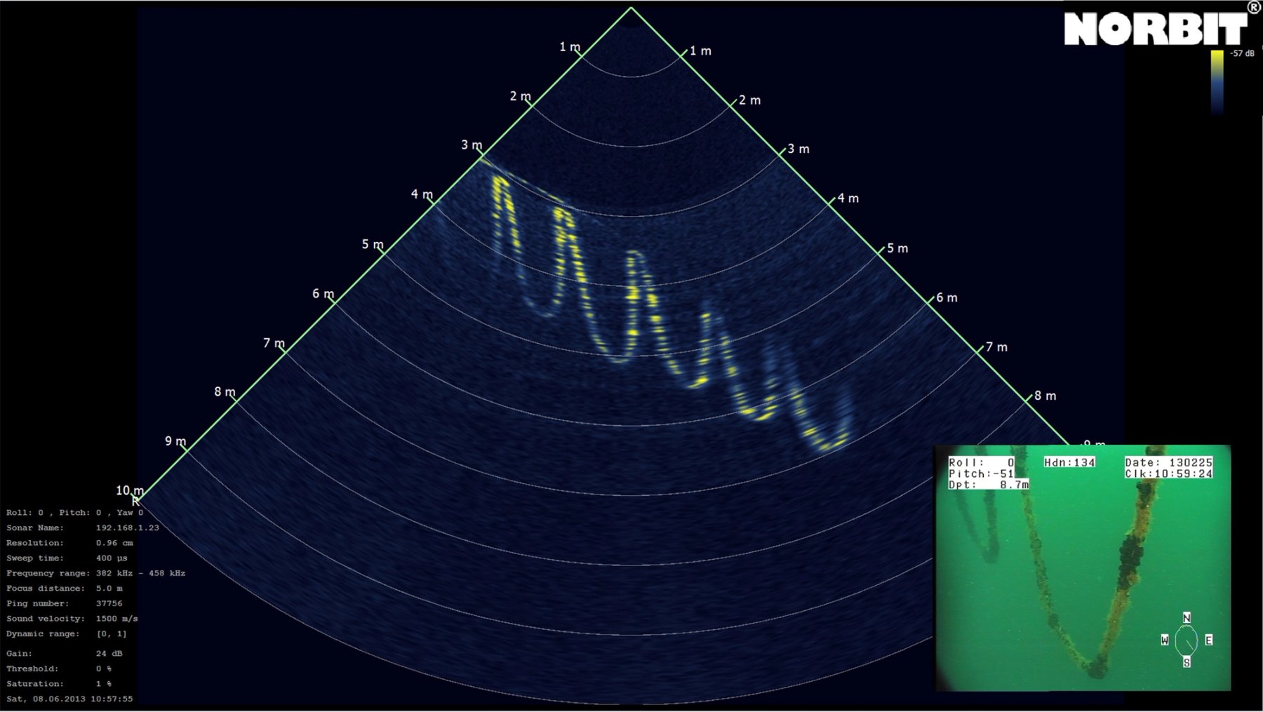 Sonar image of Ropes hanging in the water 