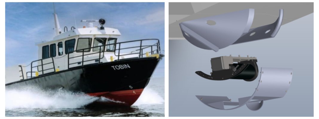 Example engineered hull-mount concept shown for USACE M/V TOBIN: a hydrodynamic fairing can support permanent installation and transit speeds up to 20 knots.