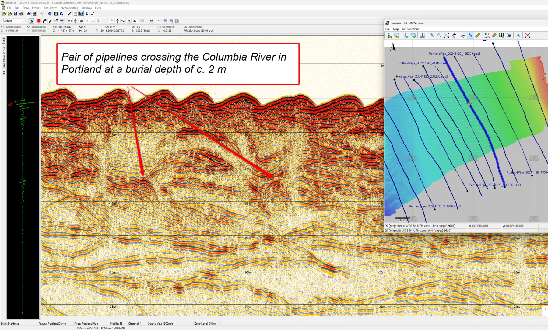 Seismic section with hyperbolic reflections from the pair of pipelines buried at about 2m below the riverbed