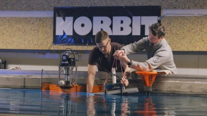 NORBIT engineers testing sonars in the test tank in Trondheim