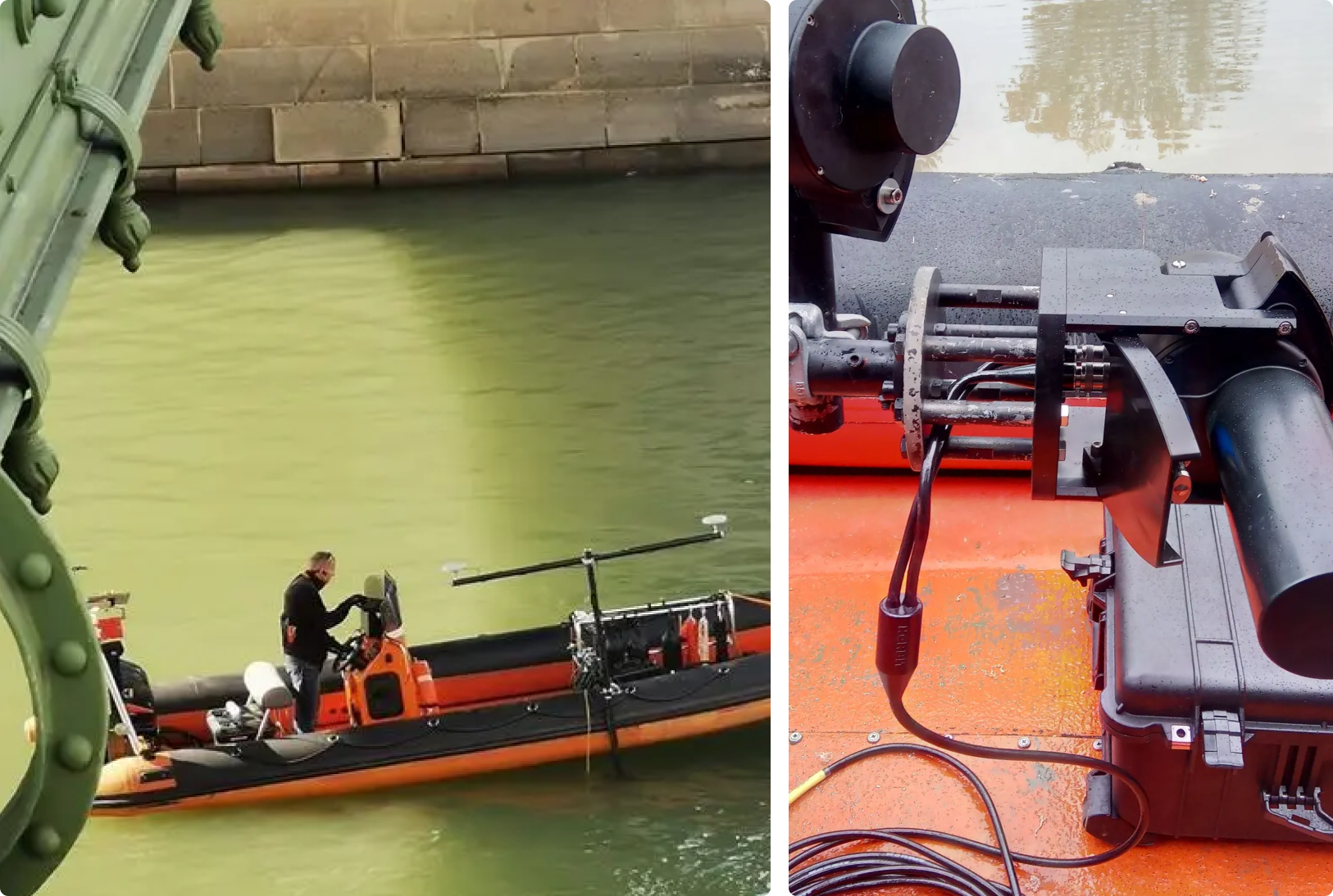 RHIB boat on the Danube River, equipped with NORBIT sonar systems for shipwreck mapping.