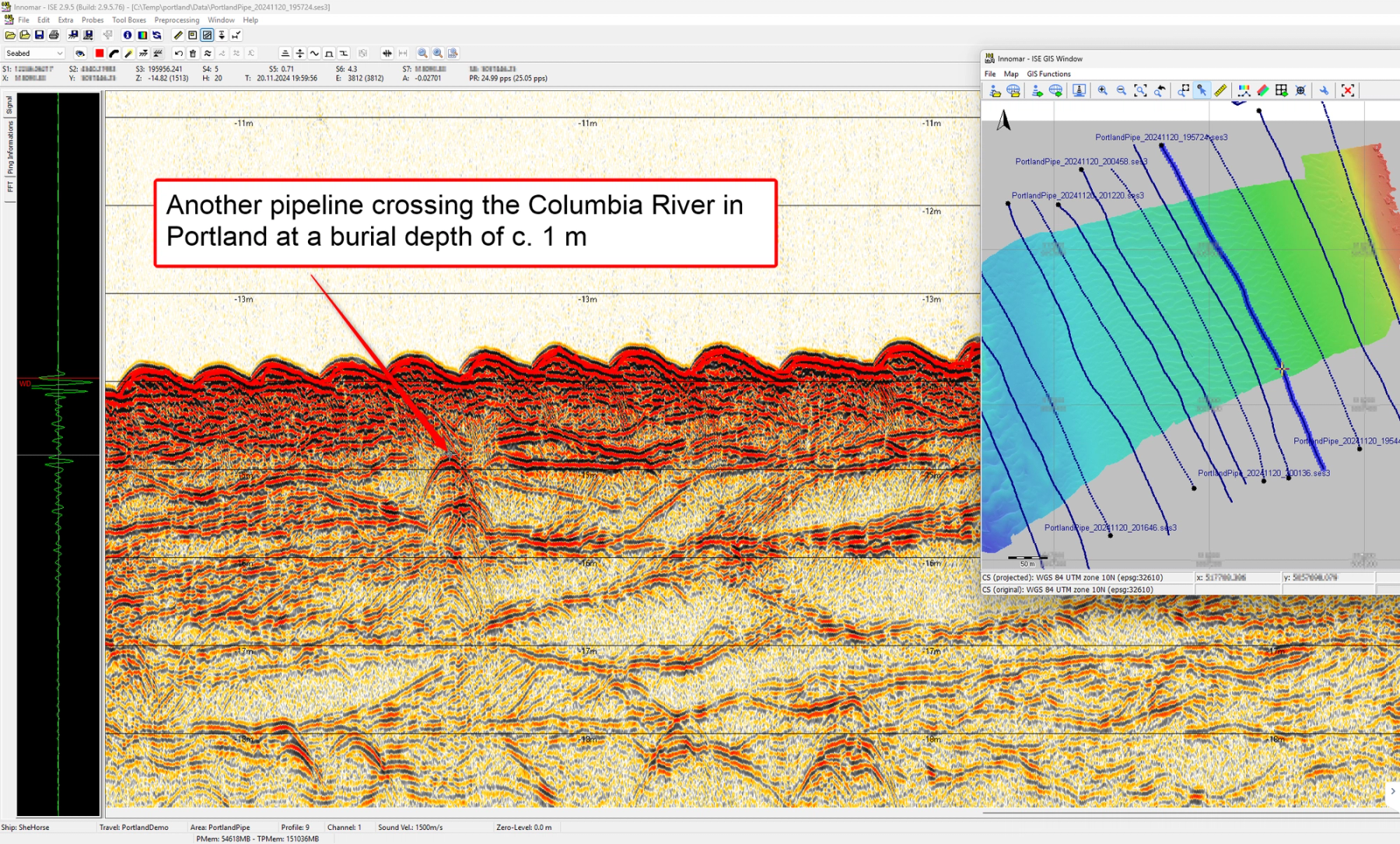 Seismic section with hyperbolic reflections from another pipeline buried at about 1m below the riverbed