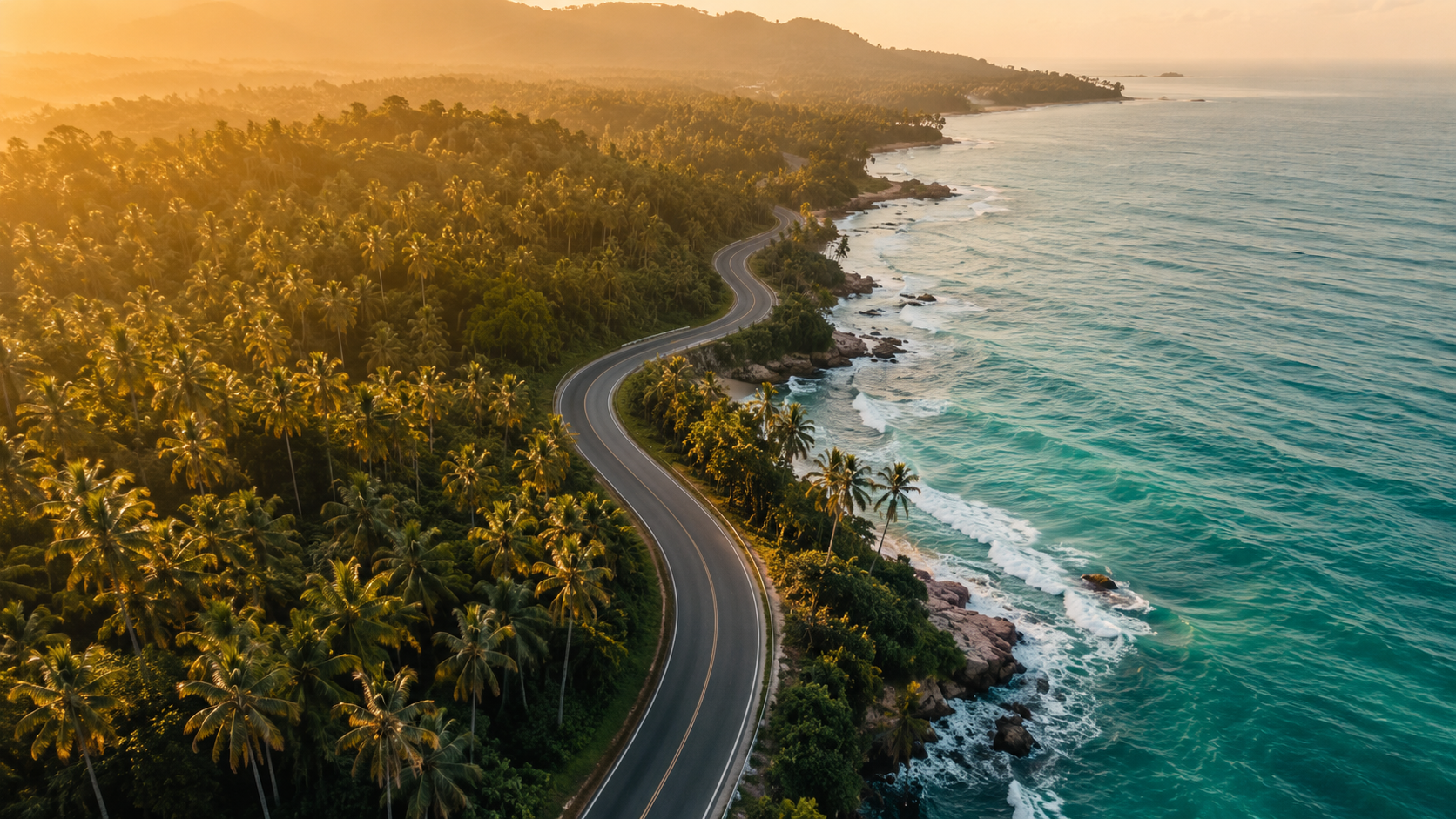 Aerial view of a winding coastal road through palm trees in Sri Lanka