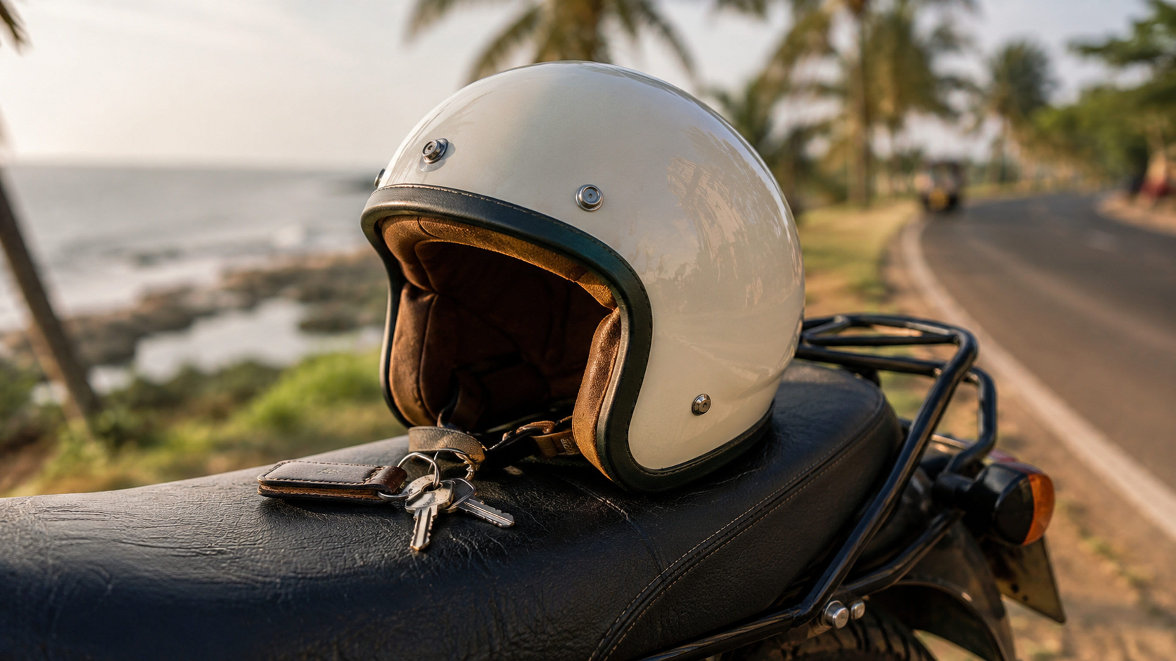 Helmet and keys resting on a motorbike seat by the Sri Lankan coast