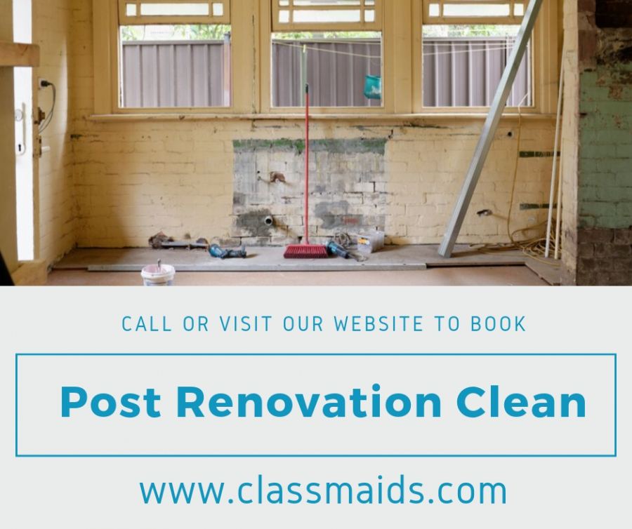 Graphic reading Post Renovation Clean below a room stripped back during a renovation