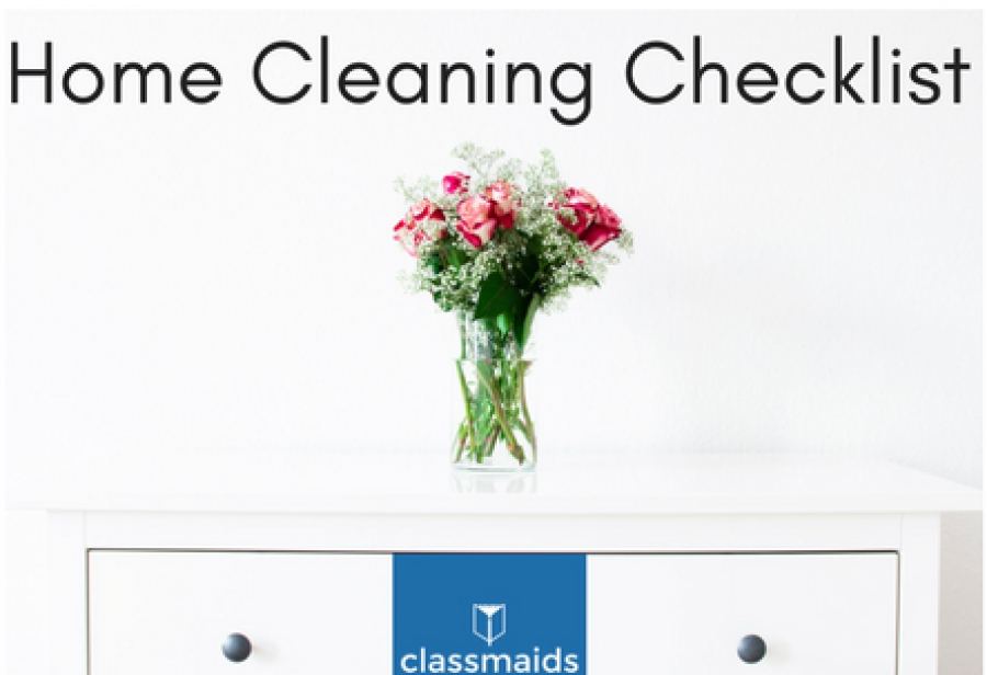 Graphic reading Home Cleaning Checklist above a vase of pink flowers on a white dresser