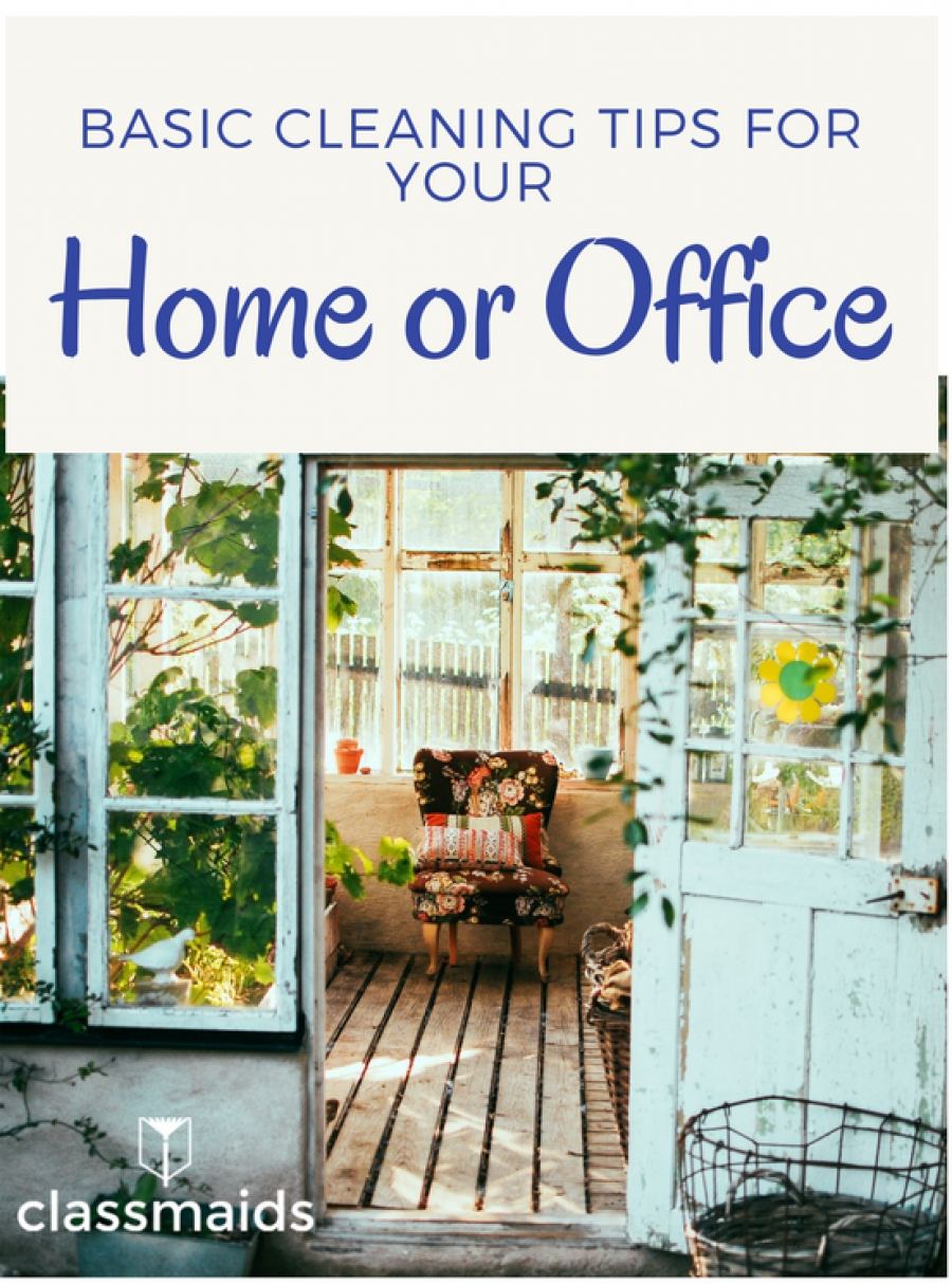 Graphic reading Basic Cleaning Tips for Your Home or Office over a sunroom with open doors