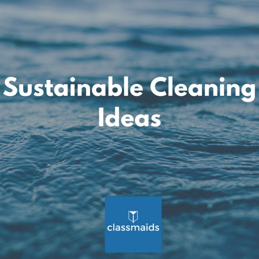 Graphic reading Sustainable Cleaning Ideas over rippling blue water
