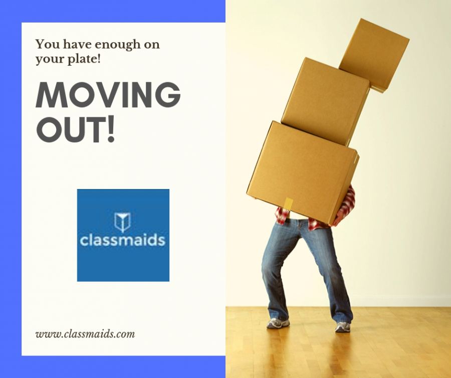 Graphic reading You have enough on your plate, Moving Out, beside a man carrying moving boxes