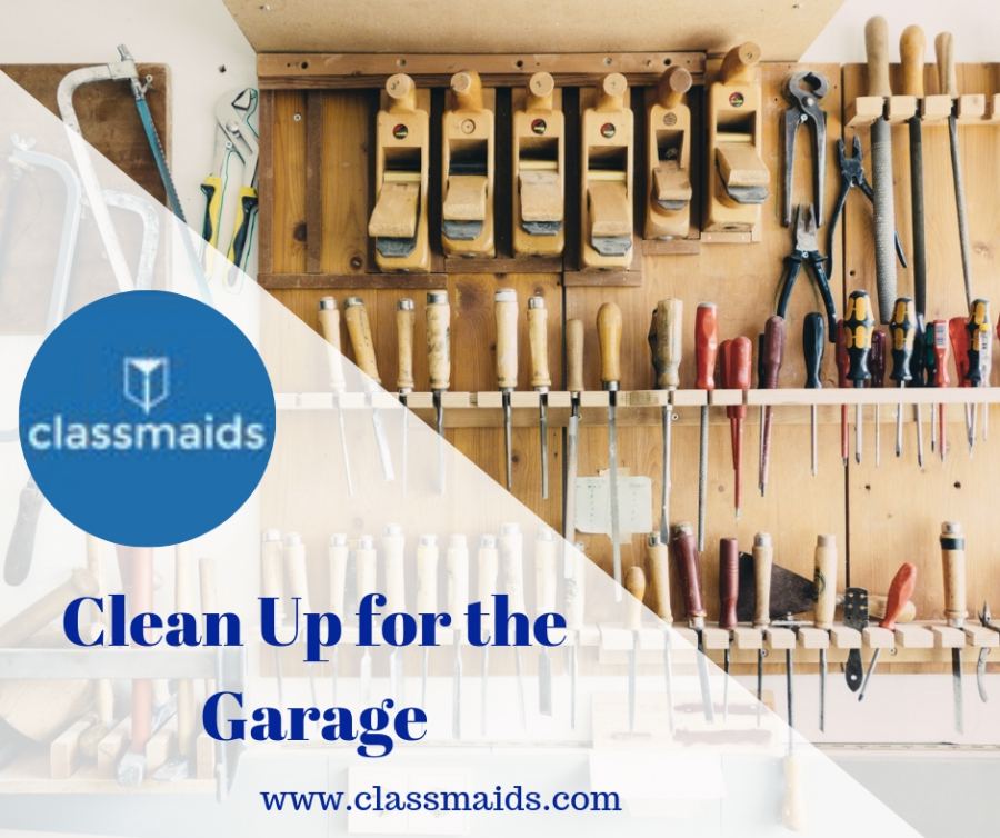 Graphic reading Clean Up for the Garage over hand tools hanging on a pegboard