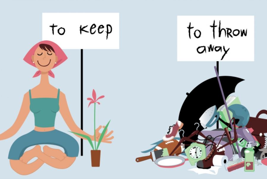 Illustration of a calm woman beside a sign reading to keep, next to a pile of clutter marked to throw away