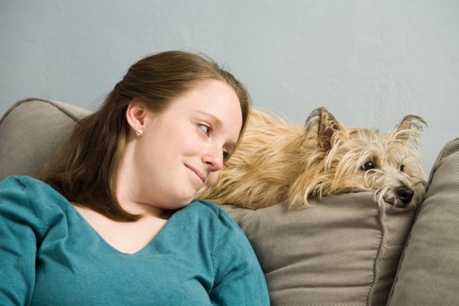 Woman relaxing on a sofa with a small terrier
