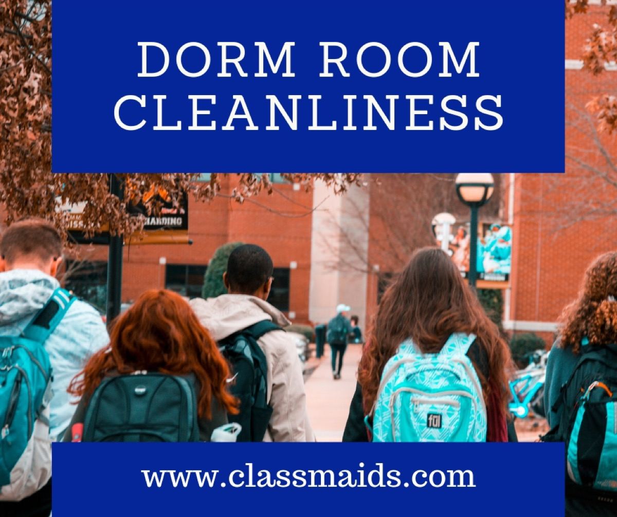 Graphic reading Dorm Room Cleanliness over students with backpacks walking to class