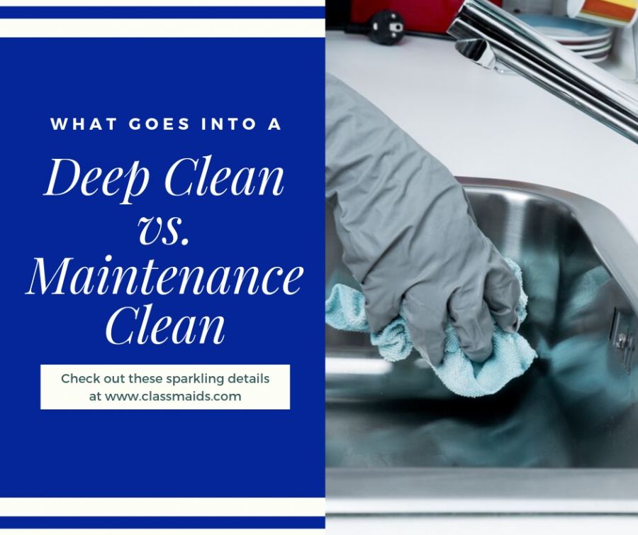 Graphic reading Deep Clean vs. Maintenance Clean beside a gloved hand wiping a steel sink