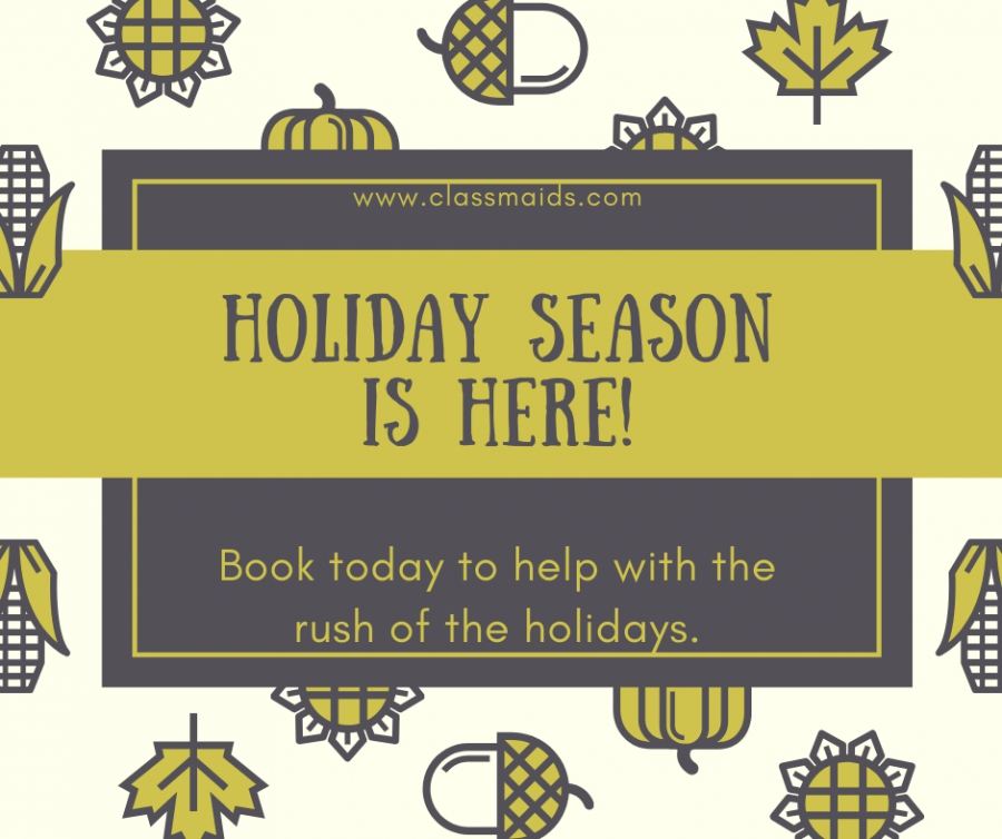 Graphic reading Holiday Season Is Here, Book today to help with the rush of the holidays