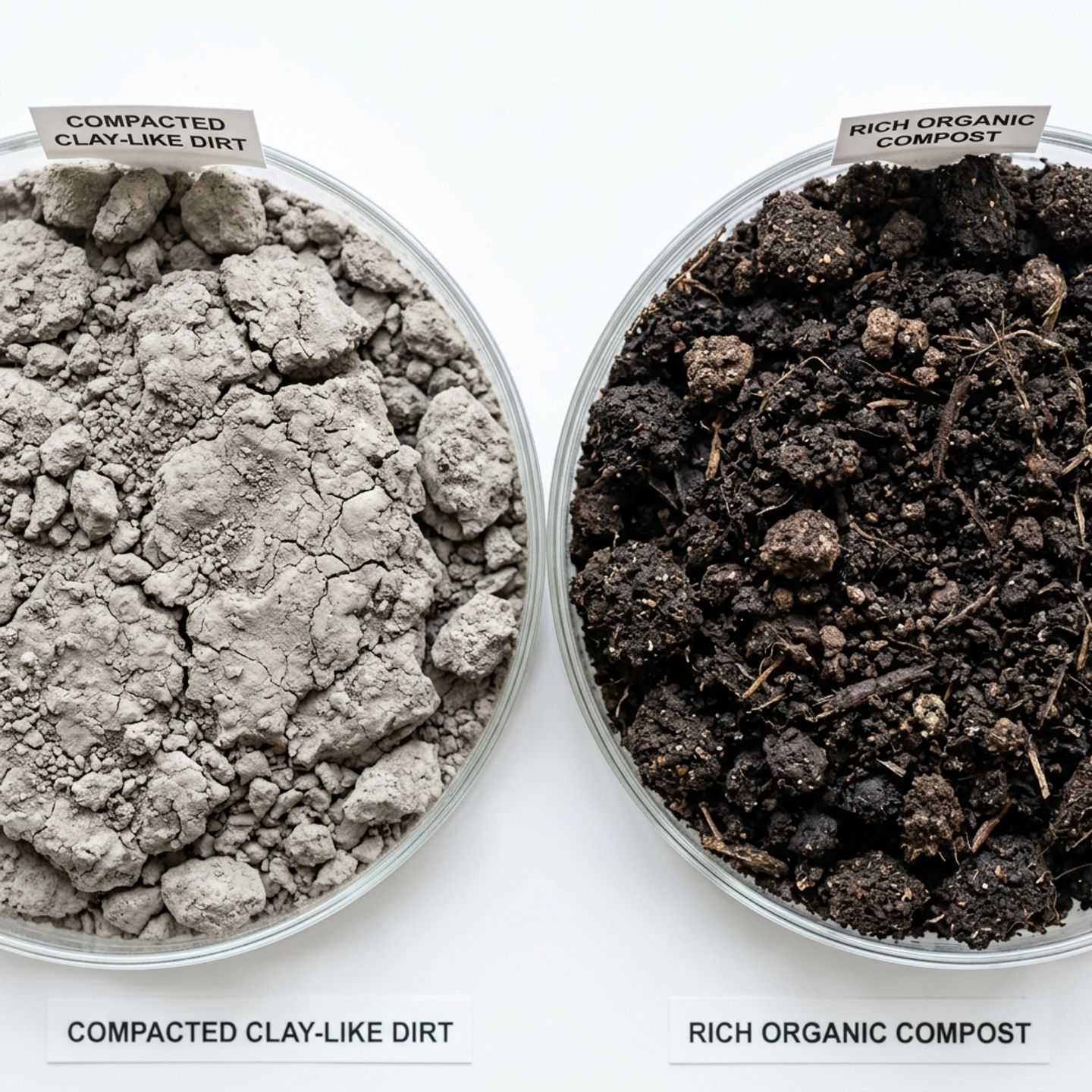 Comparison petri dishes showing dry compacted grey clay dirt on the left and rich loose dark brown organic compost on the right
