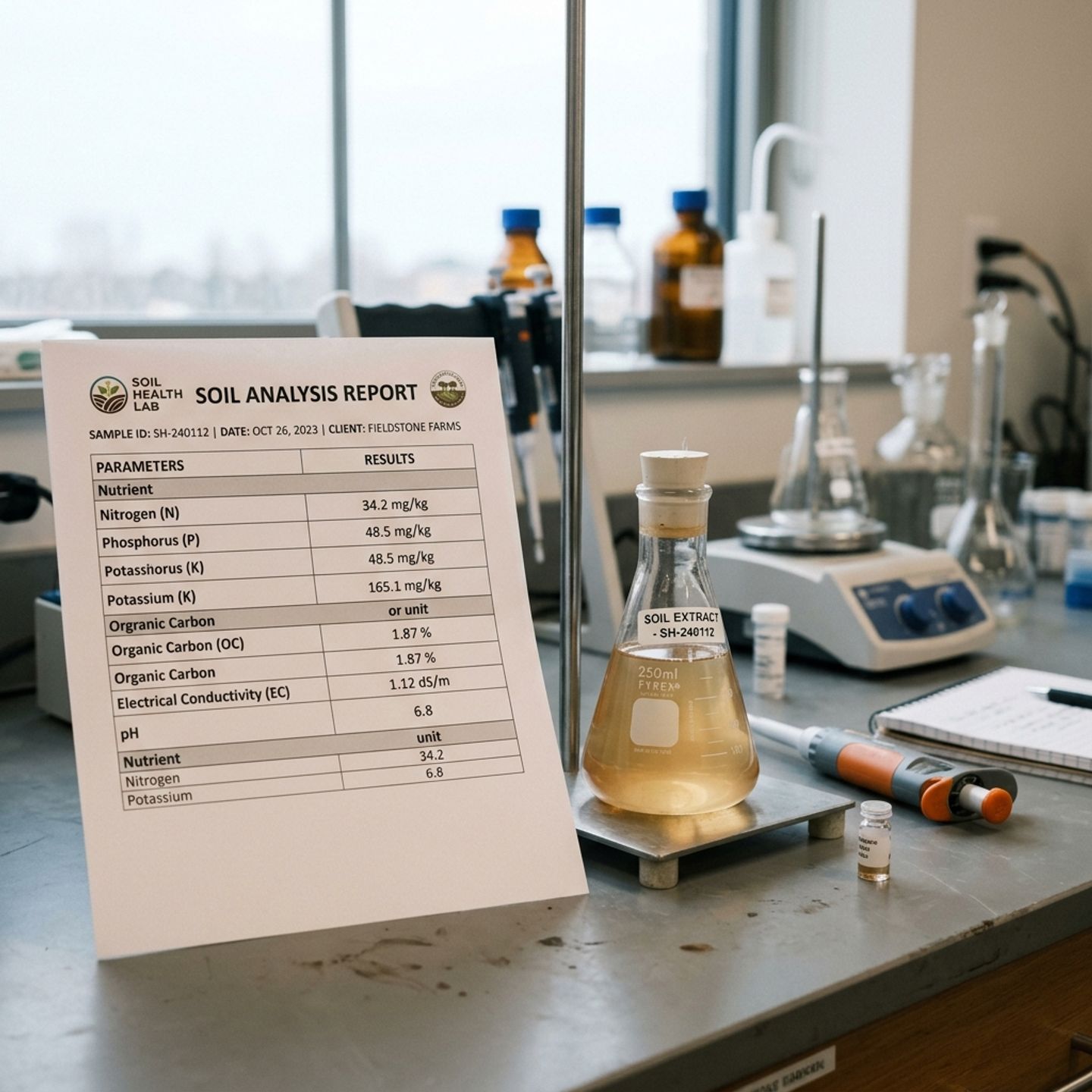 Soil analysis report with laboratory flask containing organic soil extract