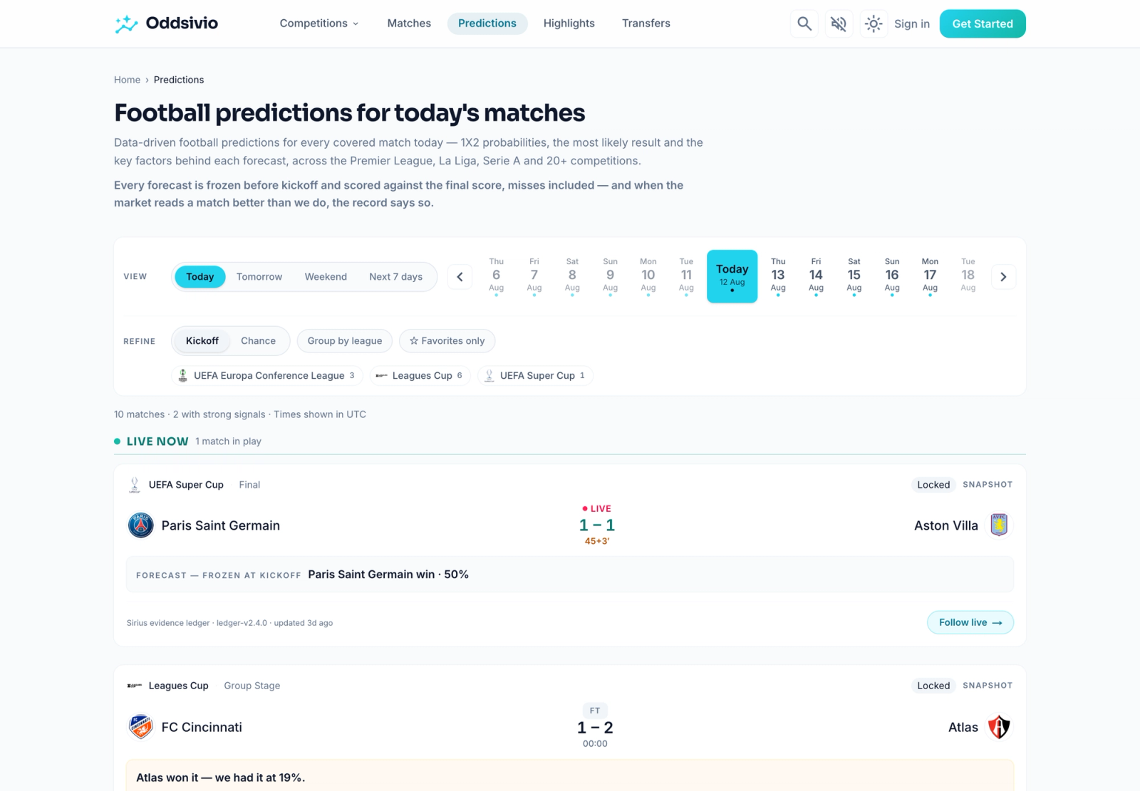Predictions hub headed "Football predictions for today's matches", with a live UEFA Super Cup card showing a forecast frozen at kickoff: Paris Saint Germain win · 50%.