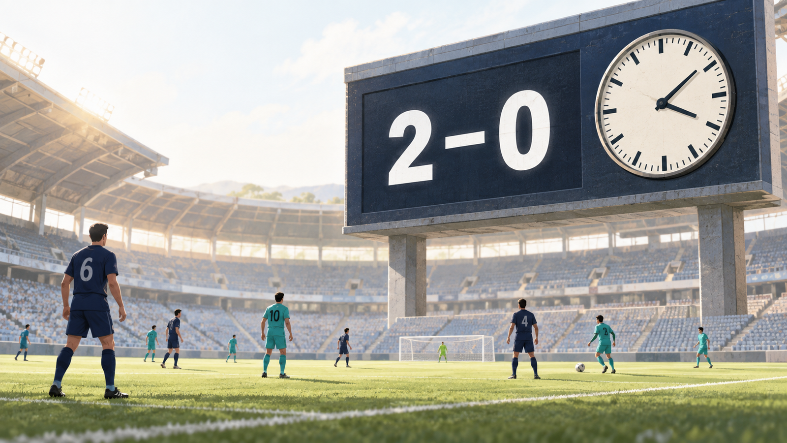 Original editorial illustration of a 2–0 scoreboard and stadium clock above anonymous footballers in navy and teal kits.