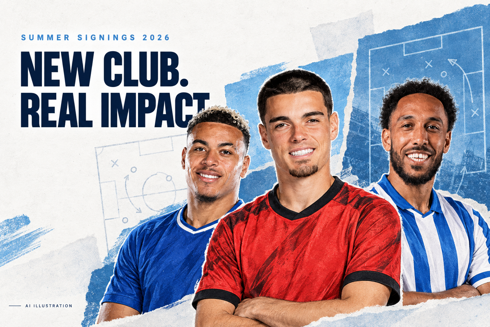 Editorial illustration of Morgan Rogers, Miguel Gutiérrez and Pierre-Emerick Aubameyang beside the words “New club. Real impact.”