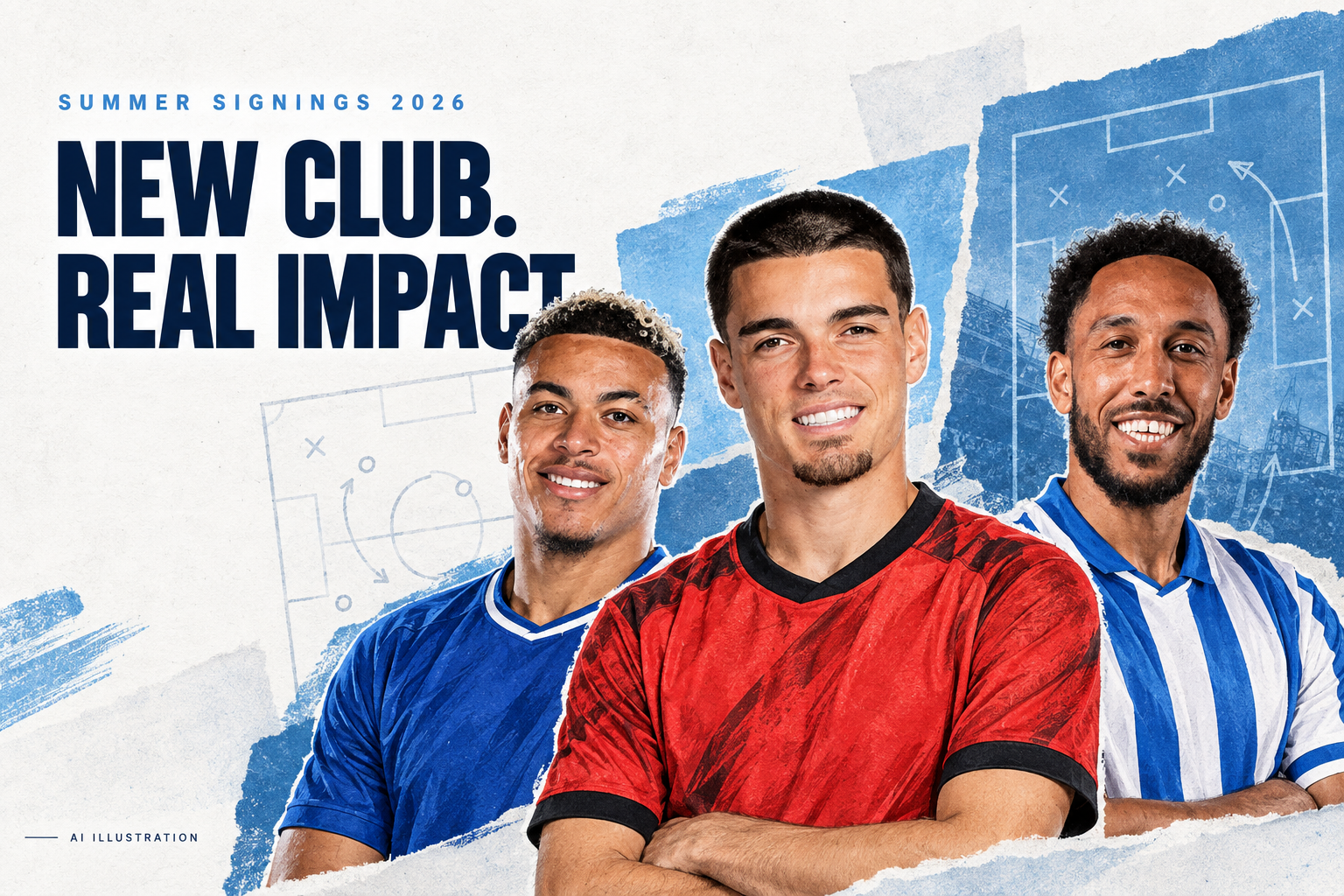 Editorial illustration of Morgan Rogers, Miguel Gutiérrez and Pierre-Emerick Aubameyang beside the words “New club. Real impact.”