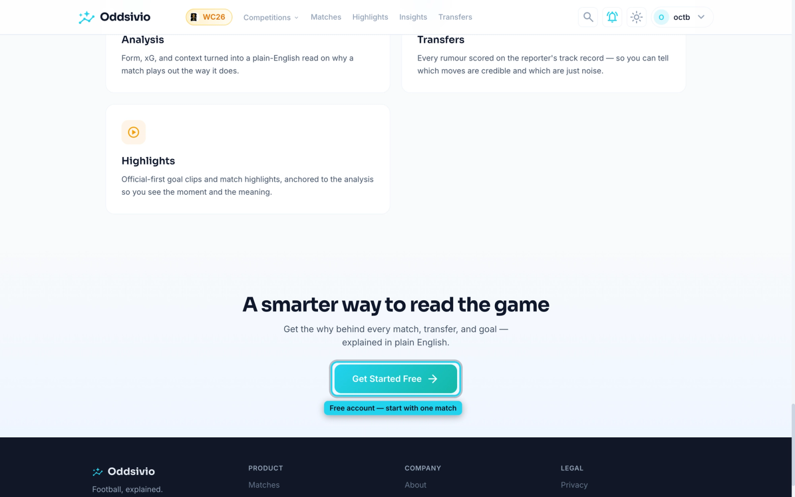 Homepage closing panel with three feature pillars and a Get Started Free button.