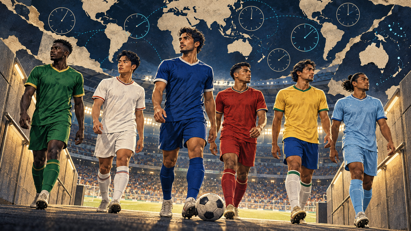Original illustration of fictional international footballers, a world map and clocks.
