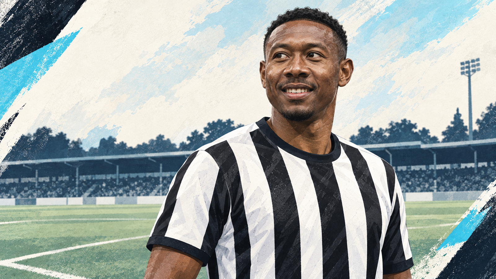 Original editorial illustration of David Alaba in a simplified black-and-white shirt beside a football pitch.