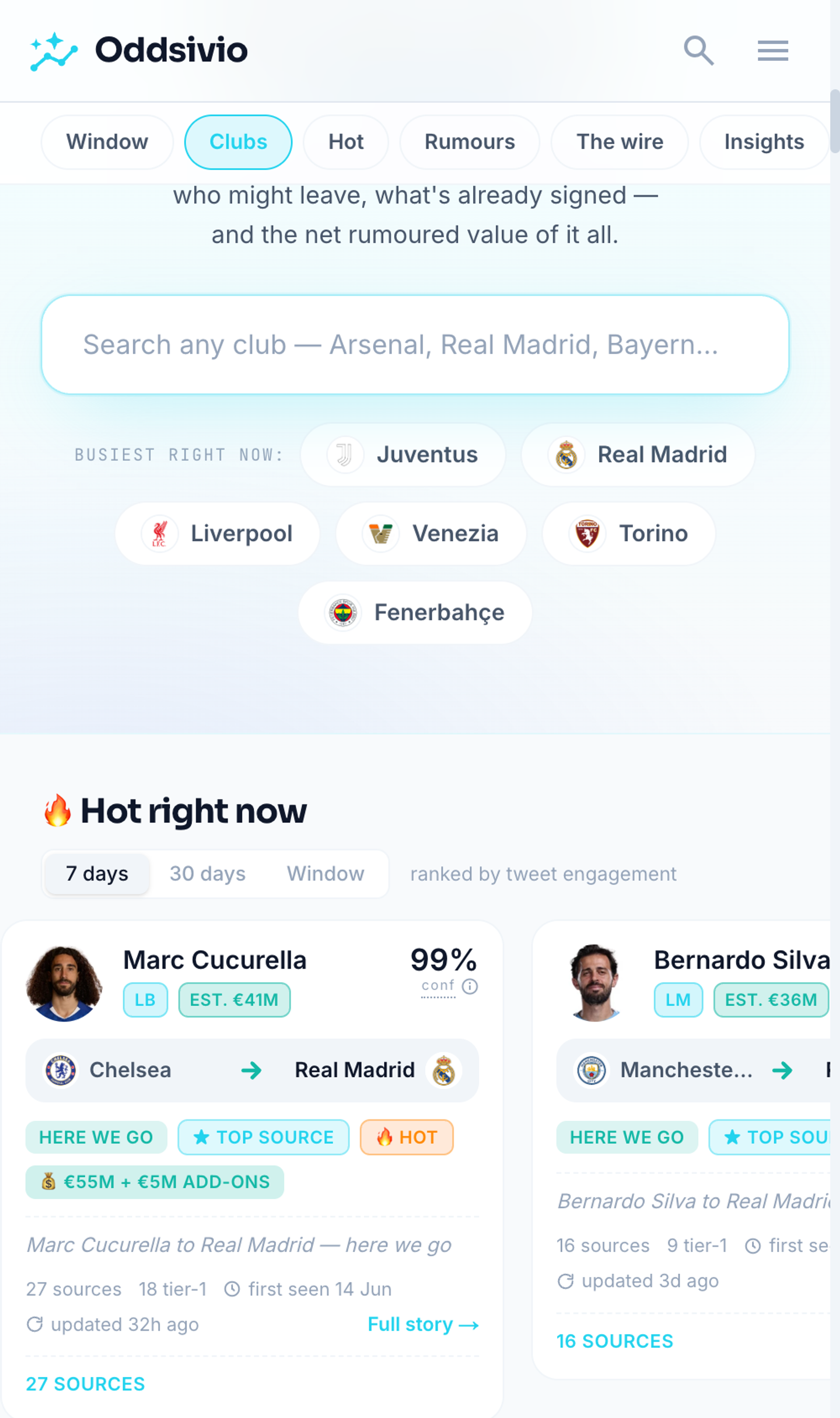 Mobile view of the "Your club's window" picker with a search box and club chips.