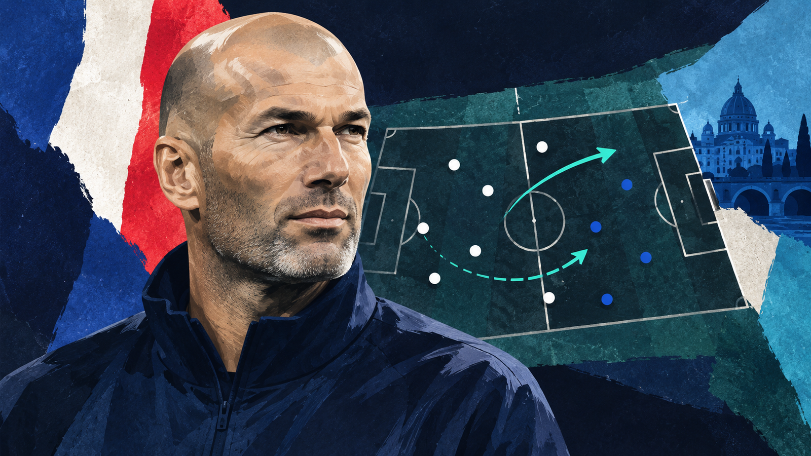 Original editorial illustration of Zinédine Zidane beside a decorative football pitch, with French colours and a blue Italian motif.