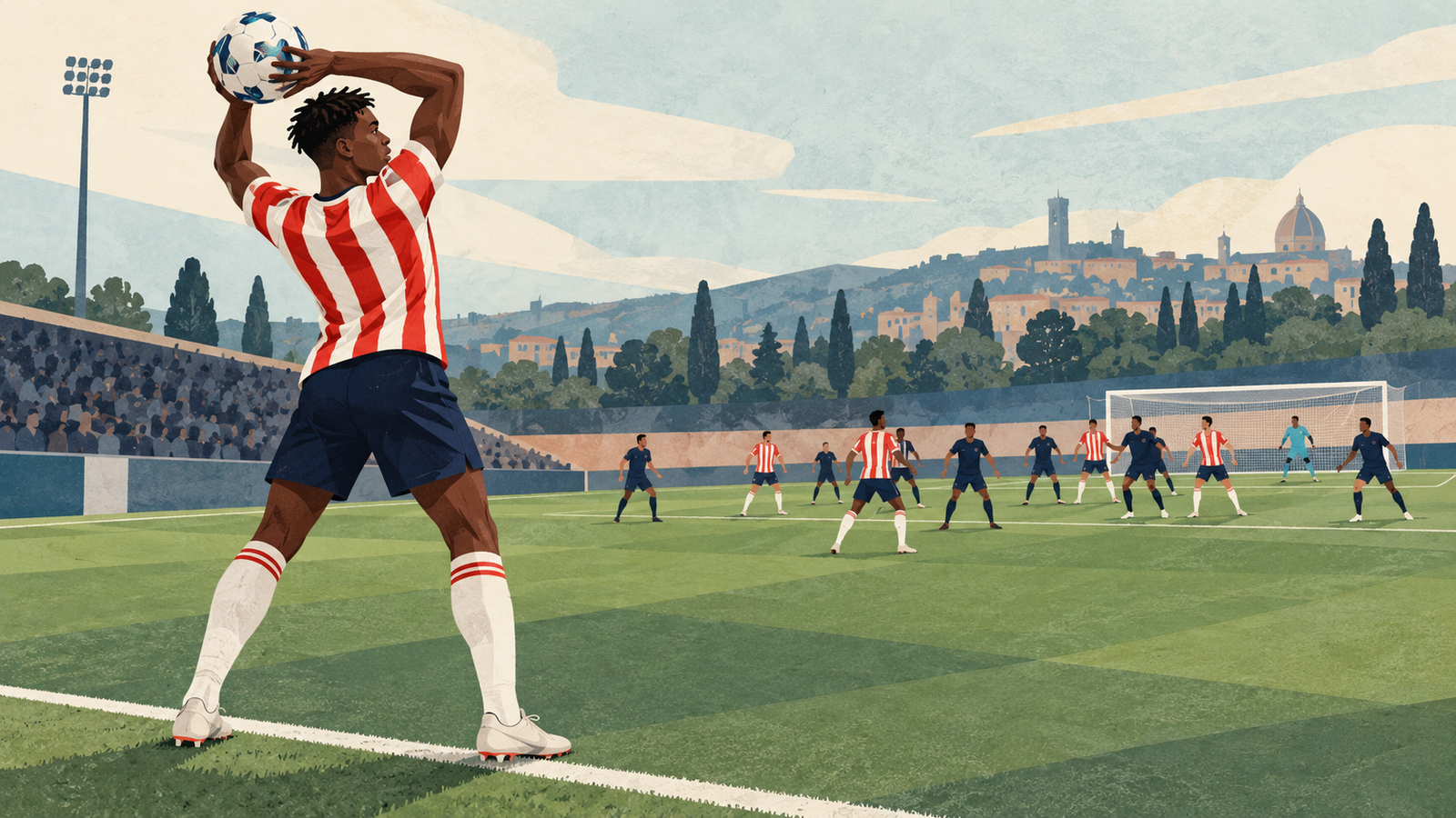 Original illustration inspired by Michael Kayode: a player delivers a long throw towards a crowded penalty area.