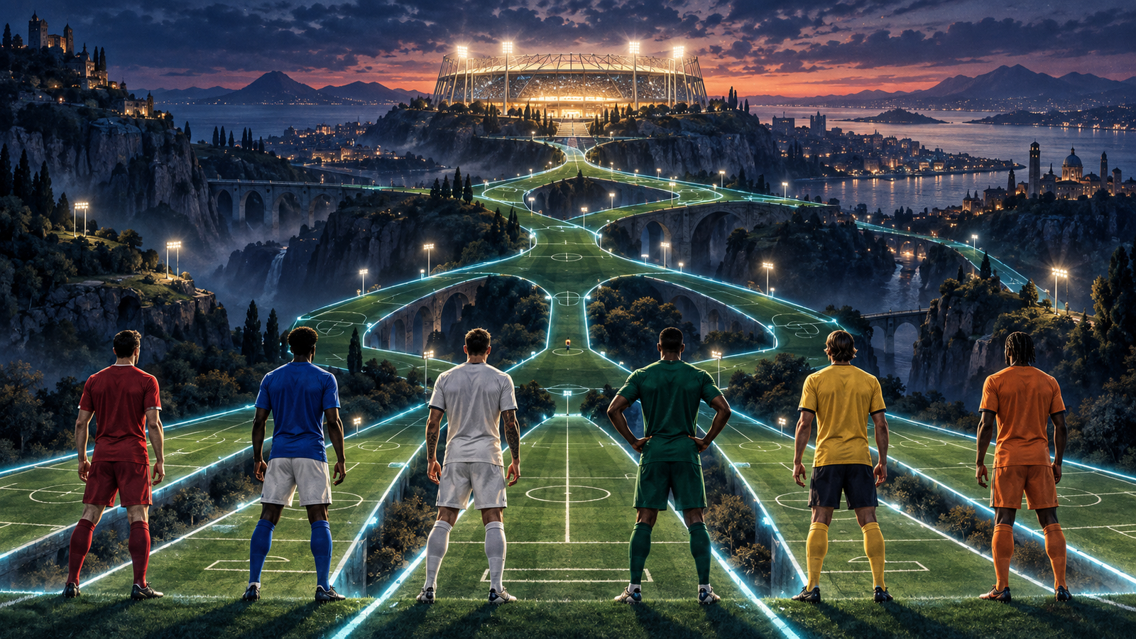 Fictional international footballers on illuminated pitch paths leading towards a distant stadium.