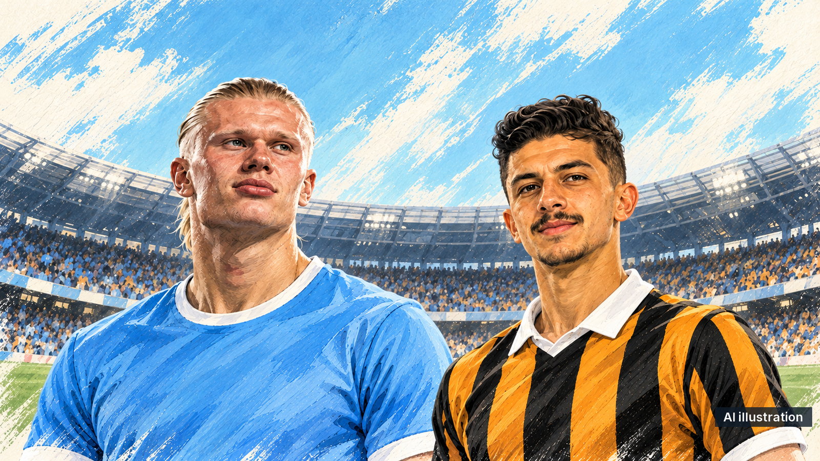 AI illustration: painted portraits of Erling Haaland in sky blue and Mohamed Belloumi in amber-and-black stripes, in front of a crowded football ground.