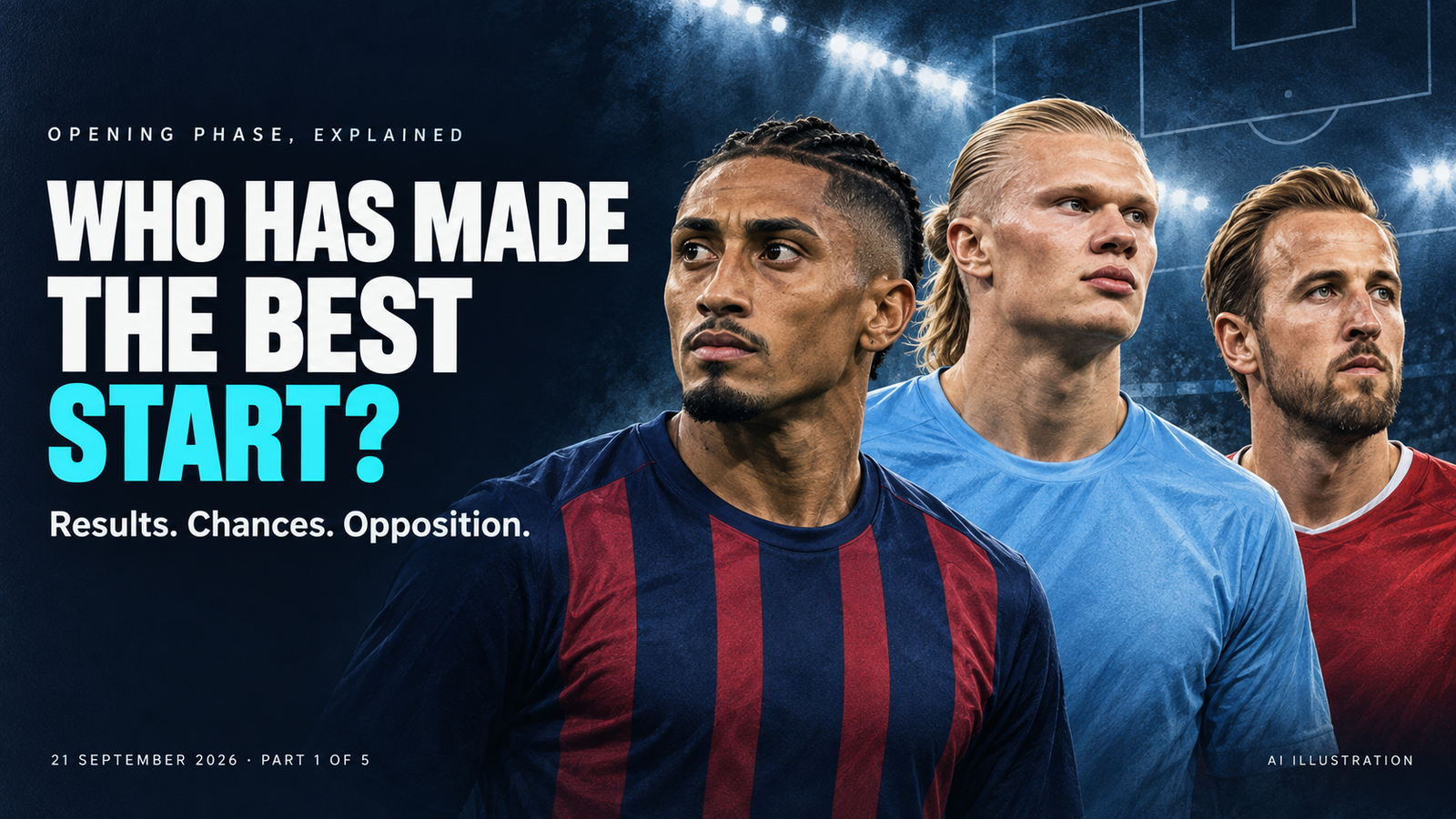 AI editorial illustration of Raphinha, Erling Haaland and Harry Kane beside the words “Who has made the best start?”