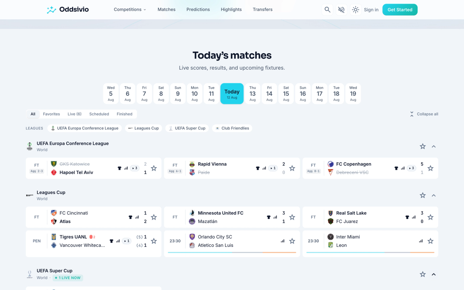Today's matches dashboard with a date strip, filter tabs, league chips and finished European qualifiers.